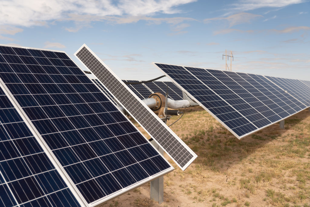 Rows of solar panels at a 1 megawatt solar array in West Texas.